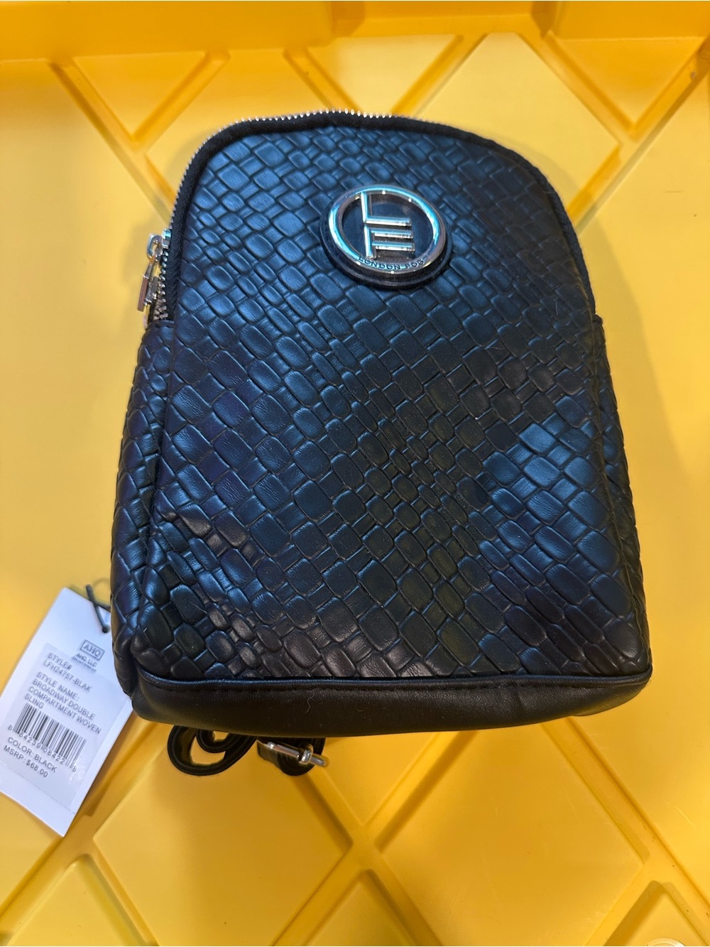 London Fog Black Woven-Texture Crossbody Belt Bag with Silver Emblem